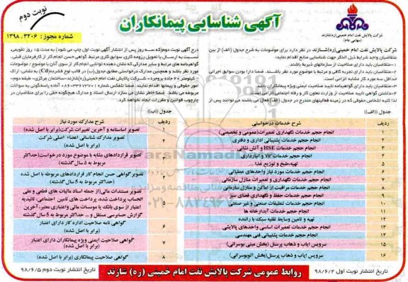 مناقصه انجام حجم خدمات نگهداری تعمیرات- نوبت دوم 