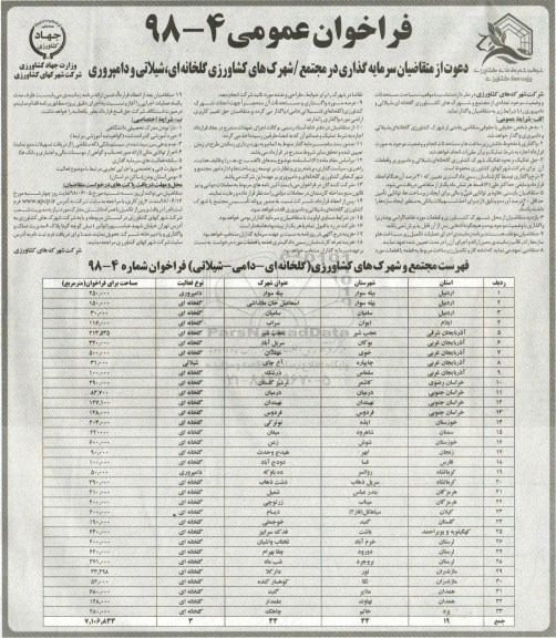 فراخوان , فراخوان سرمایه گذاری در مجتمع - شهرکهای کشاورزی گلخانه ای، شیلاتی و دامپروری