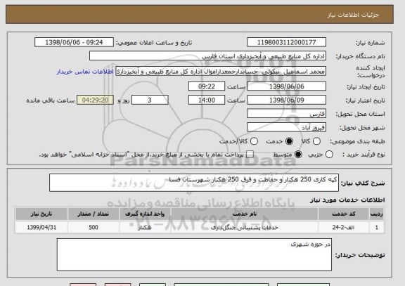 استعلام کپه کاری 250 هکتار و حفاظت و قرق 250 هکتار شهرستان فسا