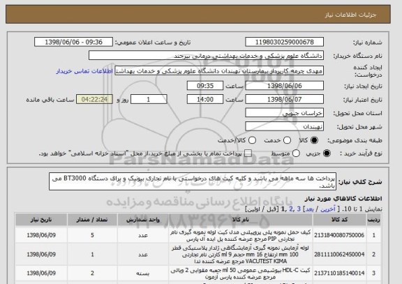 استعلام پرداخت ها سه ماهه می باشد و کلیه کیت های درخواستی با نام تجاری بیونیک و برای دستگاه BT3000 می باشد.