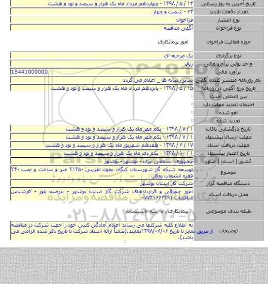 توسعه شبکه گاز شهرستان کنگان بطول تقریبی ۲۱۳۵۰ متر و ساخت و نصب ۲۴۰ فقره انشعاب روکار