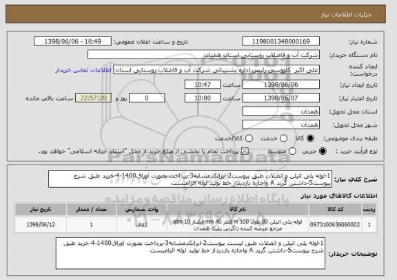 استعلام 1-لوله پلی اتیلن و اتصلات طبق پیوست2-ایرانکدمشابه3-پرداخت بصورت اوراق1400-4-خرید طبق شرح پیوست5-داشتن گرید A واجازه بازدیداز خط تولید لوله الزامیست