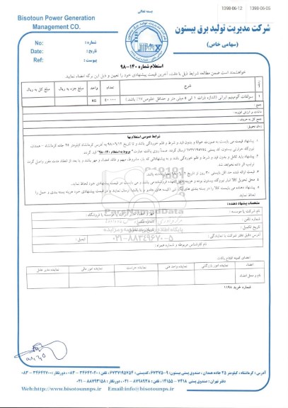 استعلام, استعلام سولفات آلومینیوم ایرانی 