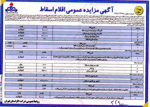 آگهی مزایده عمومی , مزایده فروش اقلام اسقاط شامل  آهن آلات و لوازم اداری اسقاط و ...