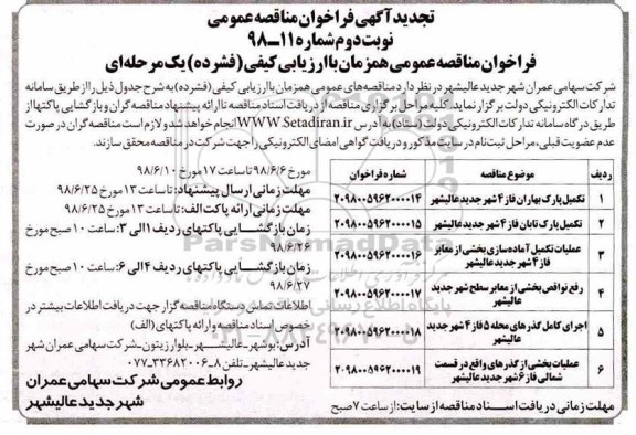 تجدید آگهی فراخوان عمومی مناقصه, تجدید فراخوان تکمیل پارک بهاران - نوبت دوم 