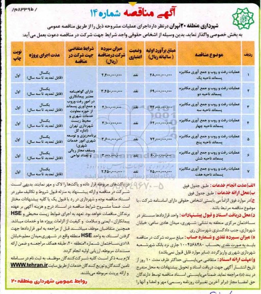 آگهی مناقصه , مناقصه عملیات رفت و روب و جمع آوری مکانیزه پسماند 