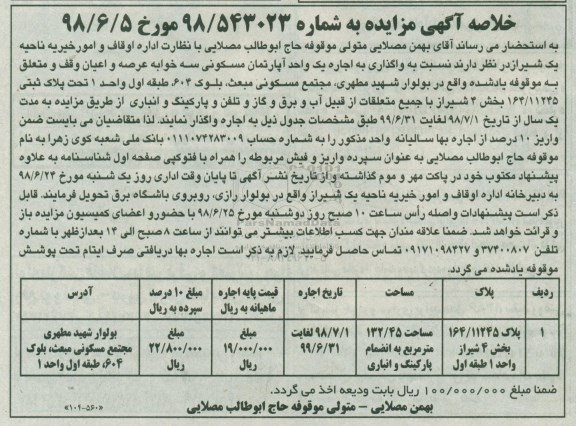 آگهی مزایده ،مزایده اجاره یک واحد آپارتمان 132.45 مترمربع