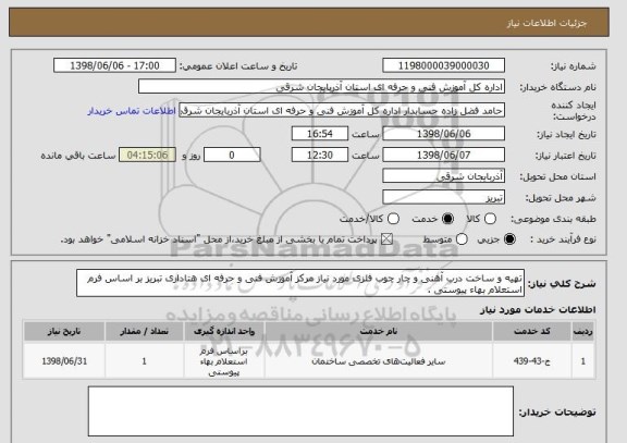 استعلام تهیه و ساخت درب آهنی و چار چوب فلزی مورد نیاز مرکز آموزش فنی و حرفه ای هتاداری تبریز بر اساس فرم استعلام بهاء پیوستی .