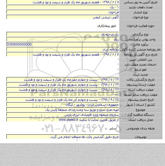 تهیه،طبخ سرو و توزیع سه وعده غذای منطقه پارس یک
