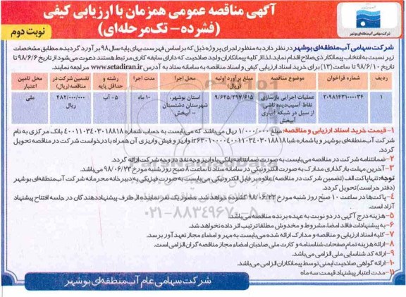 مناقصه , مناقصه عملیات اجرایی بازسازی نقاط آسیب دیده- نوبت دوم 
