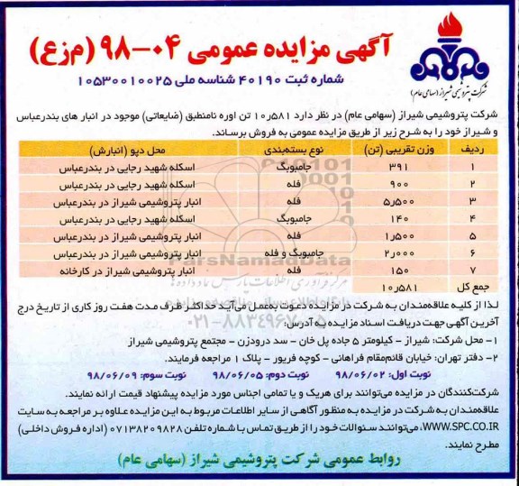 مزایده عمومی , مزایده فروش 10.581 تن اوره نامنطبق نوبت سوم 