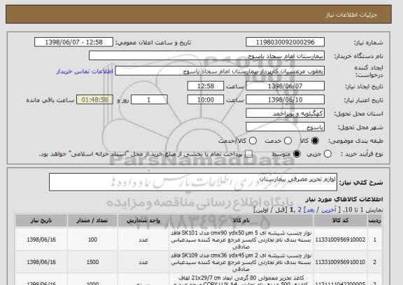 استعلام لوازم تحریر مصرفی بیمارستان
