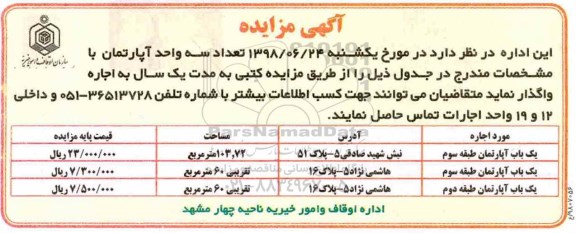 مزایده ،مزایده اجاره سه واحد آپارتمان