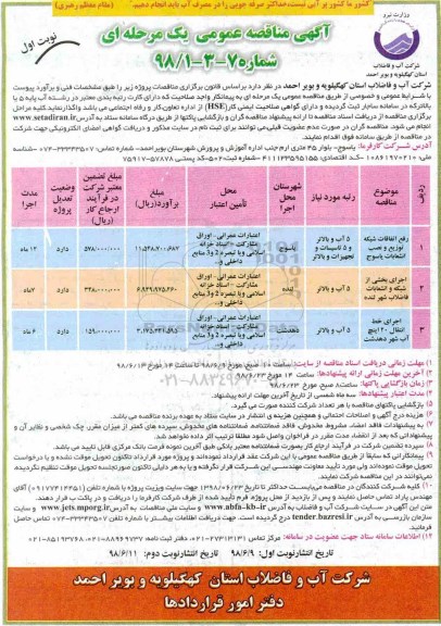 مناقصه ,مناقصه رفع اتفاقات شبکه توزیع و نصب انشعابات  و ...