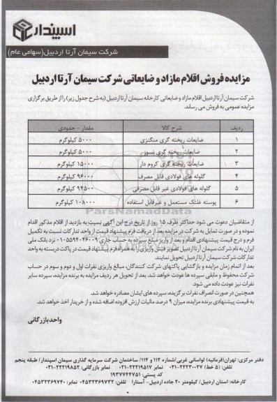 مزایده ، مزایده فروش اقلام مازاد و ضایعاتی 