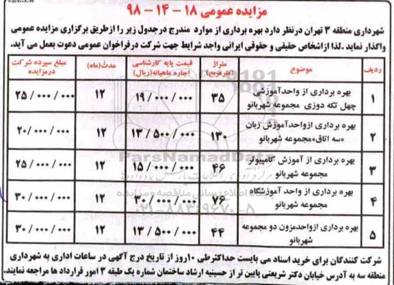 مزایده, َمزایده بهره برداری از واحد آموزشی  و ...