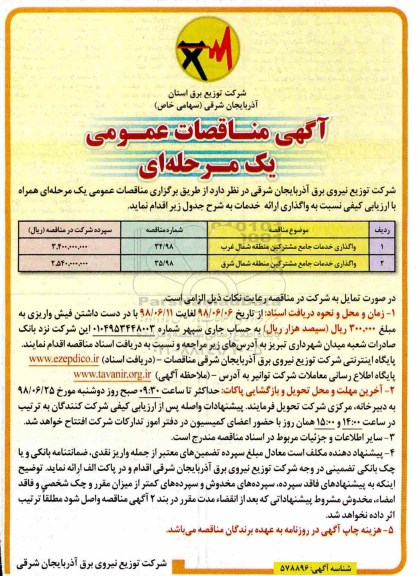 مناقصه عمومی, مناقصه واگذاری خدمات جامع مشترکین... 