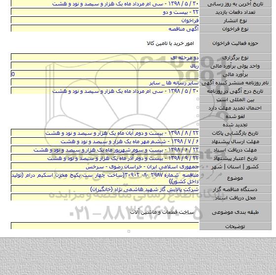 مناقصه شماره ۲۹۸۷ -۸- ۳۰۹۰۲(ساخت چهار ست پکیج مخزن اسکیم درام (تولید داخل کشور))