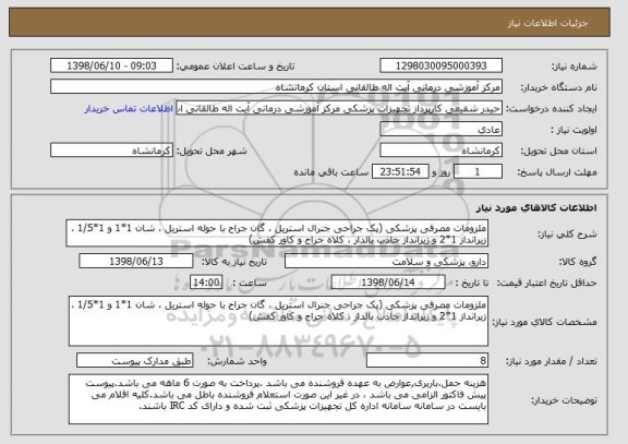 استعلام ملزومات مصرفی پزشکی (پک جراحی جنرال استریل ، گان جراح با حوله استریل ، شان 1*1 و 1*1/5 ، زیرانداز 1*2 و زیرانداز جاذب بالدار ، کلاه جراح و کاور کفش)
