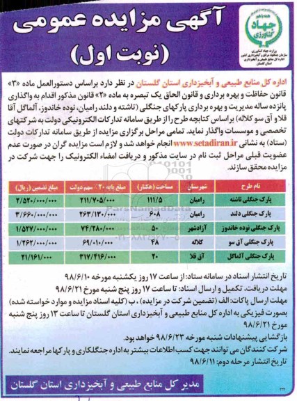مزایده ,مزایده واگذاری پانزده ساله مدیریت و بهره برداری پارکهای جنگلی ... 