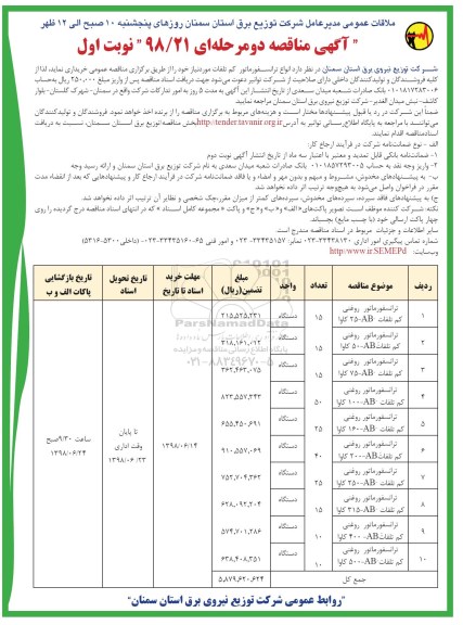 آگهی مناقصه , مناقصه ترانسفورماتور روغنی کم تلفات 