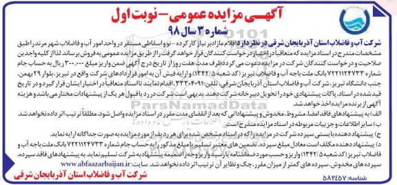 مزایده , مزایده اقلام مازاد بر نیاز کارکرده- نو و اسقاطی
