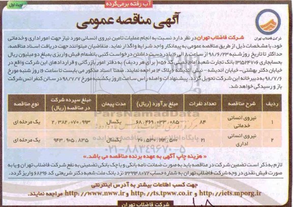 مناقصه عمومی ، مناقصه انجام عملیات تامین نیروی انسانی 