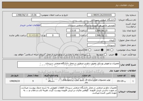 استعلام تعمیرات و تعویض وسایل معیوب چلو پز صنعتی در محل دانشگاه صنعتی سیرجان