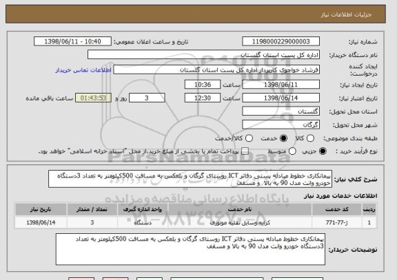 استعلام پیمانکاری خطوط مبادله پستی دفاتر ICT روستای گرگان و بلعکس به مسافت 500کیلومتر به تعداد 3دستگاه خودرو وانت مدل 90 به بالا  و مسقف