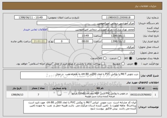 استعلام  درب چوبی Md f با روکش PVC با ابعاد 200در 80 cm به همراه نصب  در محل