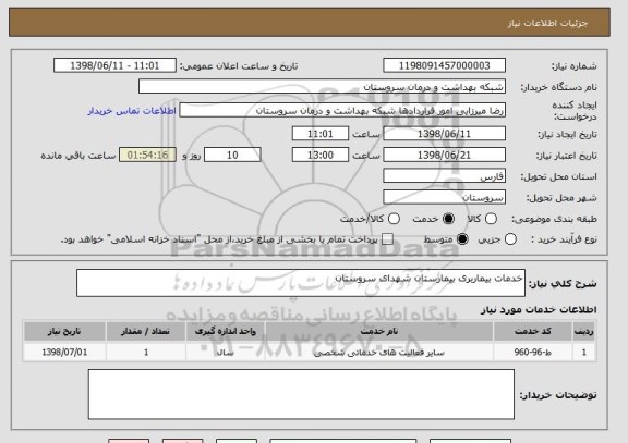 استعلام خدمات بیماربری بیمارستان شهدای سروستان