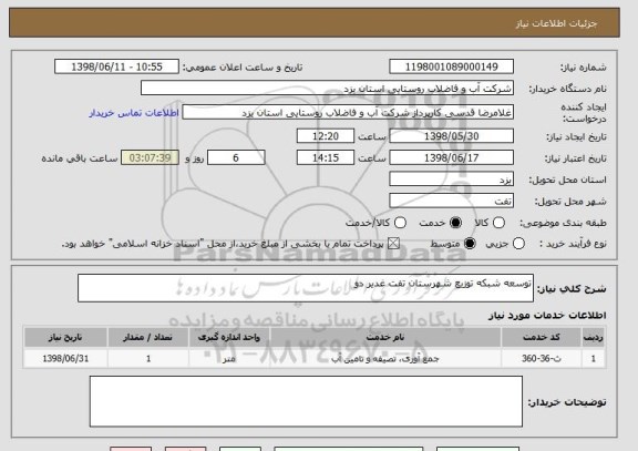 استعلام توسعه شبکه توزیع شهرستان تفت غدیر دو