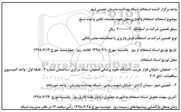 استعلام, استعلام واگذاری محل جهت خدمات تکثیر و ثبت نسخ