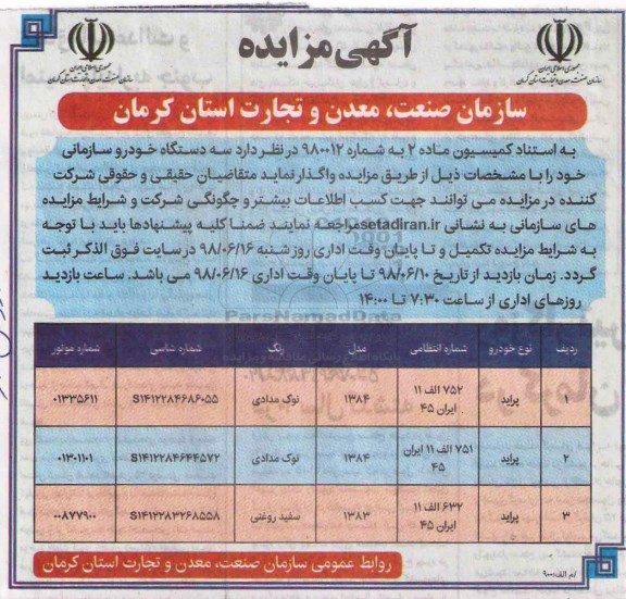 مزایده , مزایده واگذاری سه دستگاه خودرو سازمانی 
