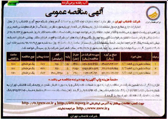 آگهی مناقصه عمومی , مناقصه انجام عملیات لوله گذاری و احداث آدم روهای شبکه جمع آوری فاضلاب - نوبت دوم 
