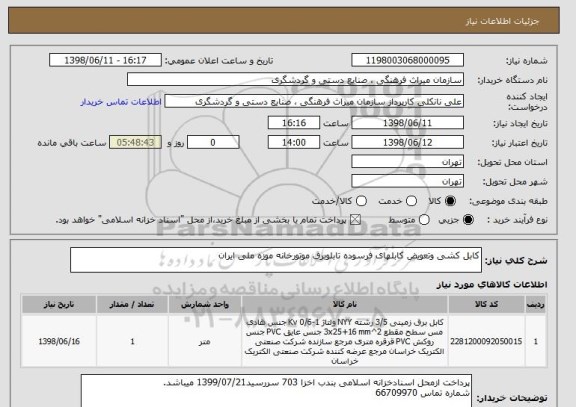 استعلام کابل کشی وتعویض کابلهای فرسوده تابلوبرق موتورخانه موزه ملی ایران