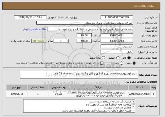 استعلام سیم آلومینیوم و صفحه مسی و کانکتور و کابل و کابلشو و .... به تعداد 21 قلم