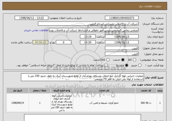 استعلام عملیات اجرایی لوله گذاری خط انتقال روستای بهرام آباد از توابع شهرستان آبیک به طول حدود 150 متر با استفاده از لوله پلی اتیلن به قطر 75 میلیمتر.