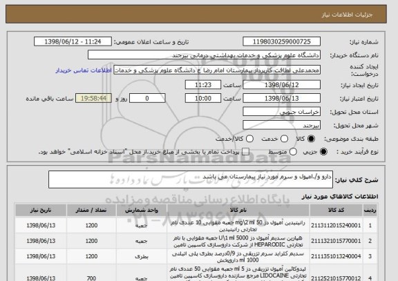استعلام دارو و/.امپول و سرم مورد نیاز بیمارستان می باشد 
