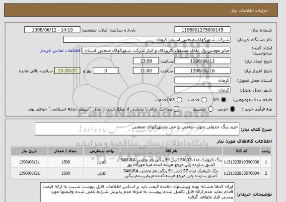 استعلام خرید رنگ جدولی جهت تمامی نواحی وشهرکهای صنعتی