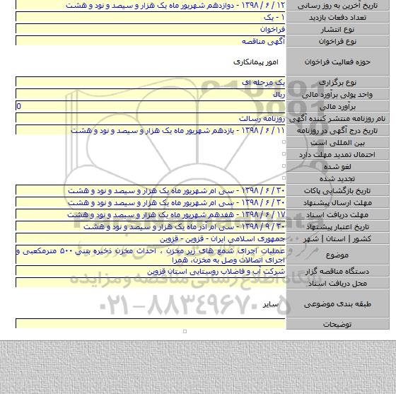 عملیات اجرای شمع های زیر مخزن ، احداث مخزن ذخیره بتنی ۵۰۰ مترمکعبی و اجرای اتصالات وصل به مخزن، همرا
