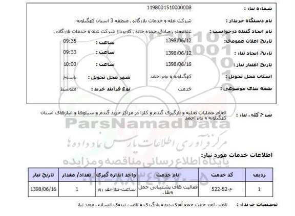 استعلام انجام عملیات تخلیه و بارگیری گندم و کلزا در مراکز خرید گندم و سیلوها و انبارهای استان کهگیلویه و بویراحمد
