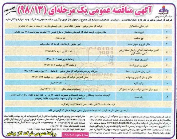 مناقصه ، مناقصه مقاوم سازی و توسعه شبکه گاز شهرستان نوبت دوم 