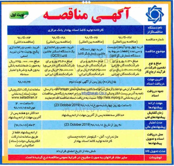 مناقصه ,مناقصه خرید چهل و دو آیتم (دویست و سی عدد) قطعات مربوط به دستگاه شمارش گر کاغذ