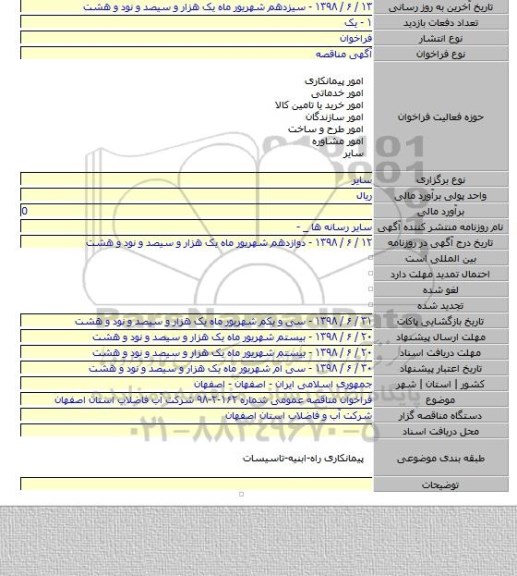 فراخوان مناقصه عمومی شماره ۱۶۲-۲-۹۸ شرکت آب  فاضلاب استان اصفهان
