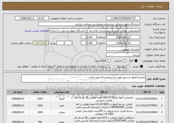 استعلام دارو و/.امپول و سرم مورد نیاز بیمارستان می باشد 