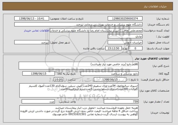 استعلام 6قلم دارو (برند خاصی مورد نیاز نمیباشد)