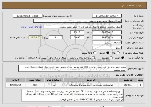 استعلام صدور بیمه نامه حق مسئولیت به تعداد 100 نفر مختص مسیر پیست دوچرخه سواری شرکت عمران شهر جدید سهند 