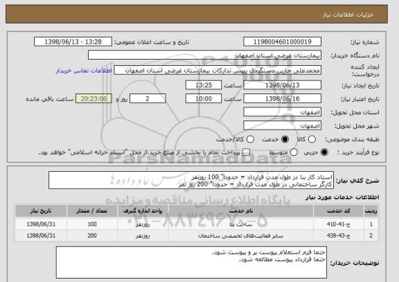 استعلام استاد کار بنا در طول مدت قرارداد = حدودا" 100 روزنفر
کارگر ساختمانی در طول مدت قرارداد = حدودا" 200 روز نفر