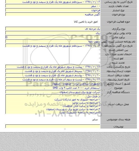 استعلام خرید ۶۰۰۰ عدد لامپ ۹ وات SMD